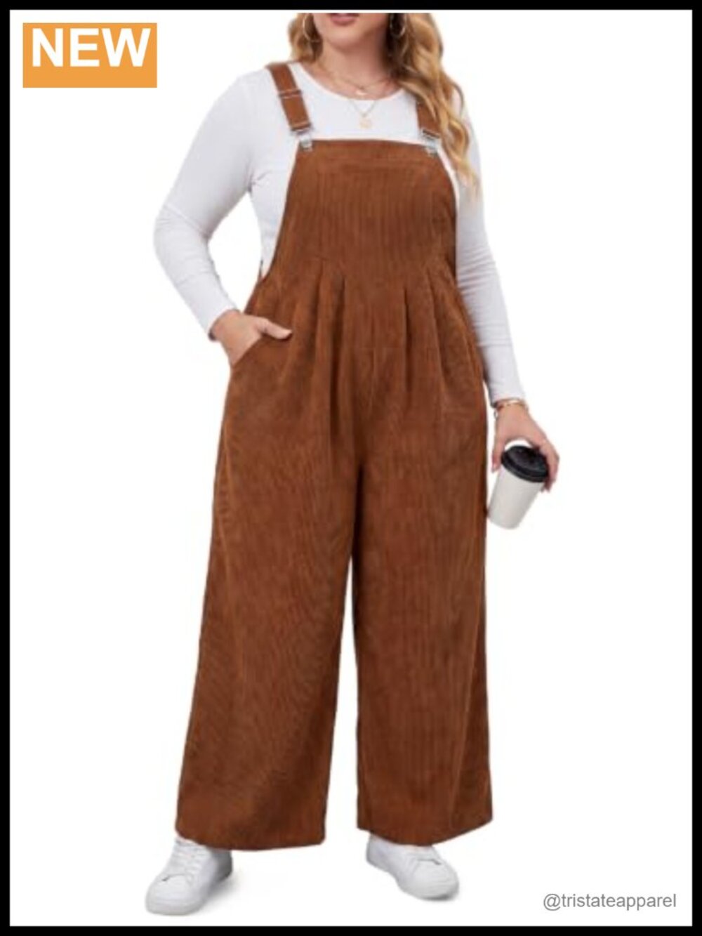 Plus Size Corduroy Wide Leg Overalls Adjustable Straps V Waist Women